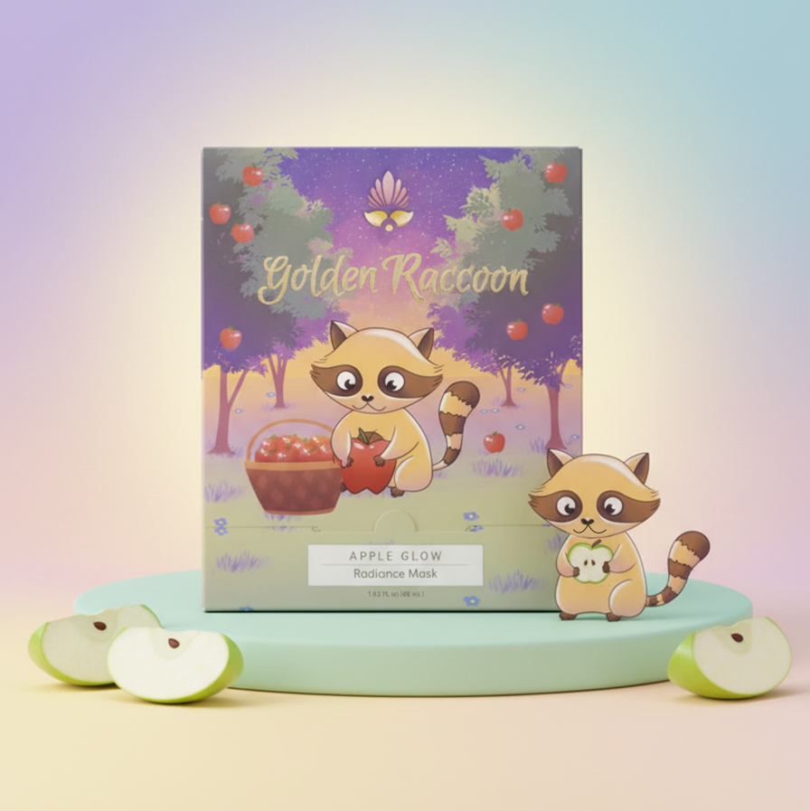 Product packaging for 'Golden Raccoon' with a raccoon illustration on a gradient background